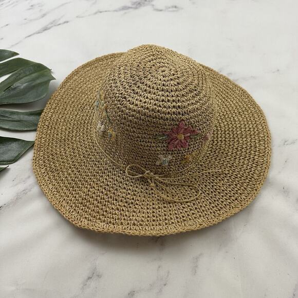 Capelli Womens Vintage Y2k Straw Sun Hat One Size Floral Embroidered Floppy main image 2